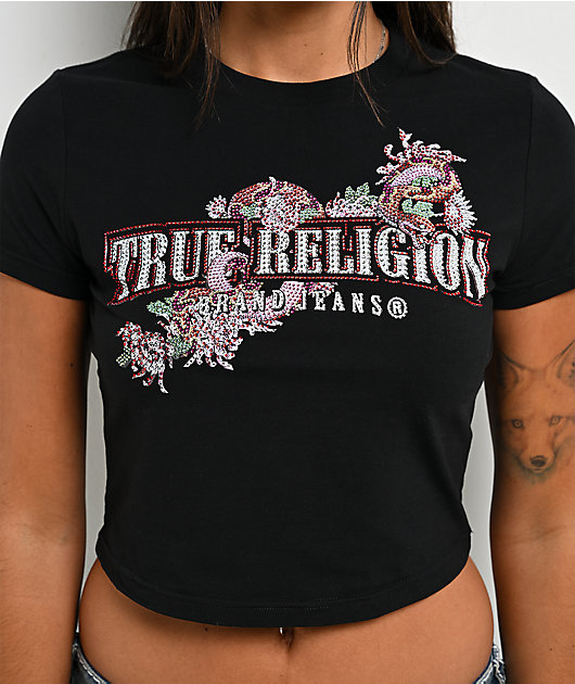 True Religion Crystal Snake Black Crop T-Shirt