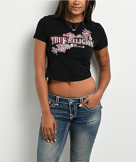 True Religion Crystal Snake Black Crop T-Shirt