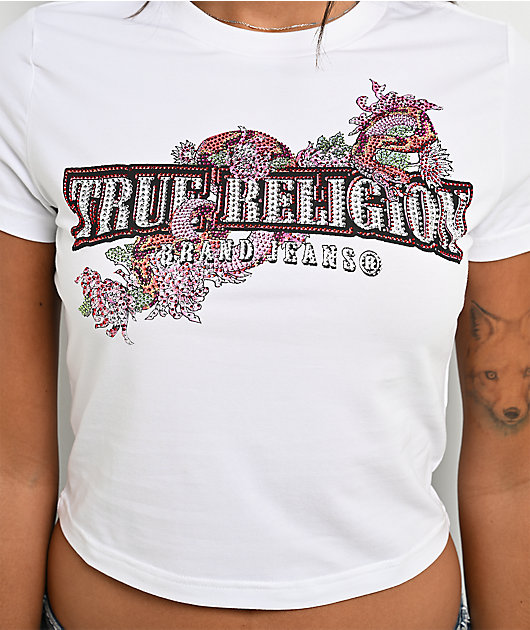 True Religion Crystal Snake White Crop T-Shirt
