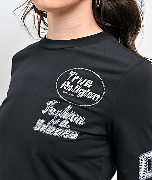 True Religion Crystal Sporty Black Long Sleeve Crop T-Shirt