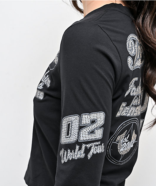 True Religion Crystal Sporty Black Long Sleeve Crop T-Shirt