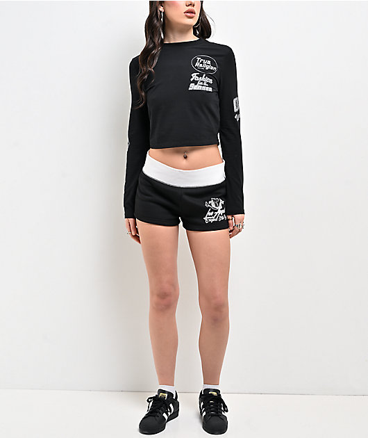 True Religion Crystal Sporty Black Long Sleeve Crop T-Shirt