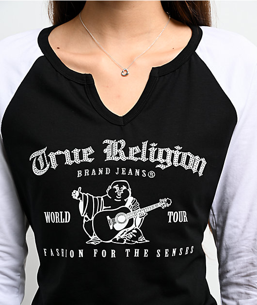 True Religion Crystal V Notch Black & White Raglan Long Sleeve