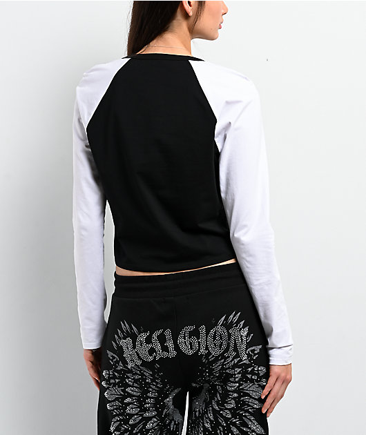 True Religion Crystal V Notch Black & White Raglan Long Sleeve