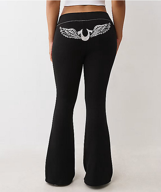 True Religion Crystal Wing Big T Black Flare Sweatpants | Zumiez