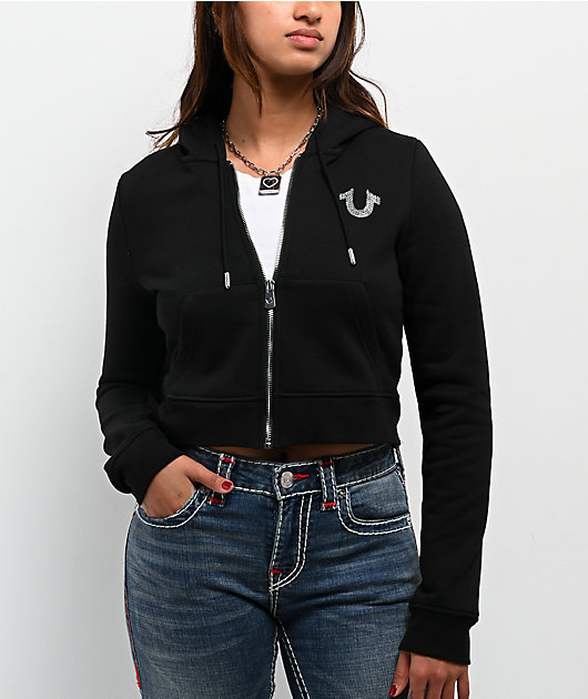 True Religion Crystal Wing Black Shrunken Zip Hoodie | Zumiez
