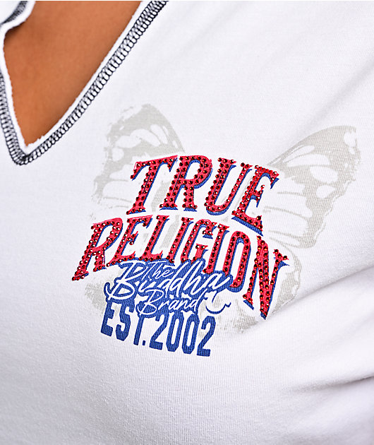 True Religion Crystal Wing Ribbed V Notch White Crop T-Shirt