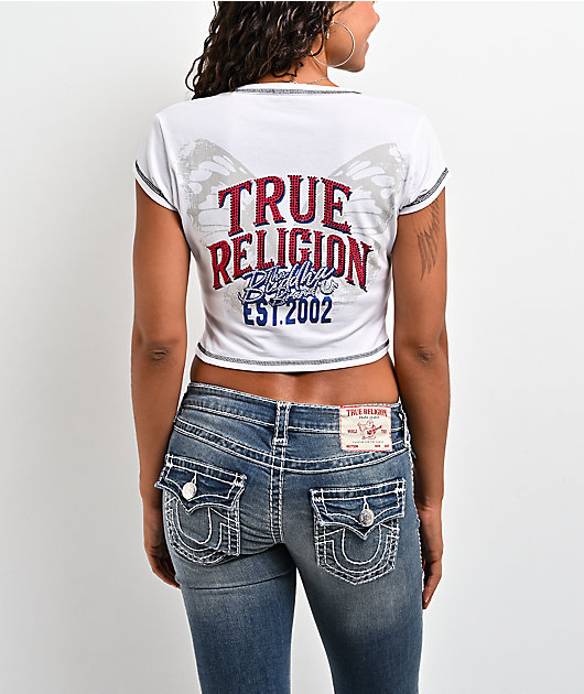 True Religion Crystal Wing Ribbed V Notch White Crop T-Shirt