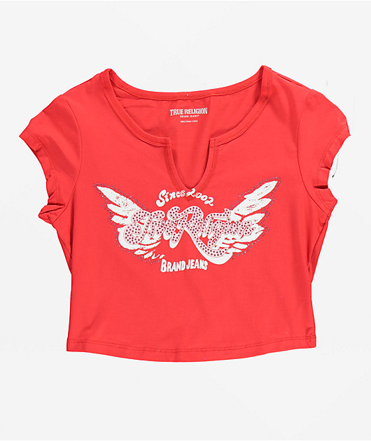 ★2024SS新作★KIRSH X TRUERELIGION★CROP SLIM T-SHIRT True Religion Crystal Wing Scarlet Notch Crop T-Shirt | Zumiez