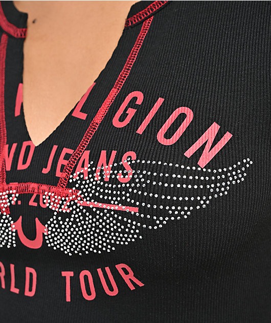 True Religion Crystal Wing V Notch Black Crop T-Shirt