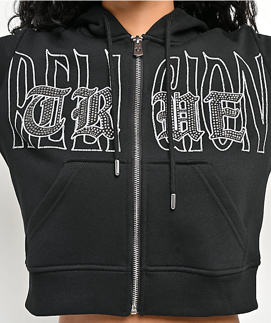 True Religion Embroidered Shrunken Black Crop Zip Hoodie | Zumiez