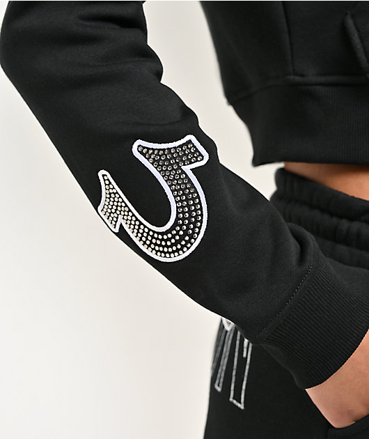 True Religion Embroidered Shrunken Black Crop Zip Hoodie