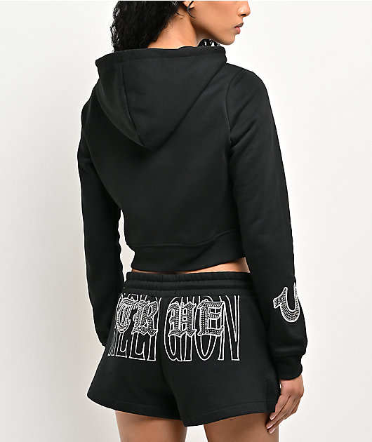 TRUE RELIGION 短丈　フーディー True Religion Embroidered Shrunken Black Crop Zip Hoodie | Zumiez