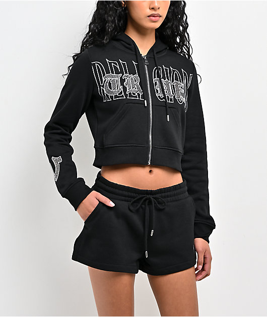 True Religion Embroidered Shrunken Black Crop Zip Hoodie