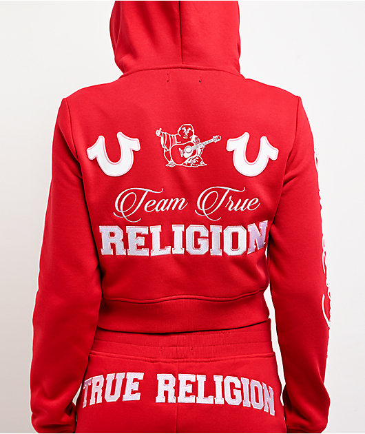 True Religion Embroidered Shrunken Red Crop Zip Hoodie