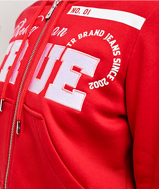 True Religion Embroidered Shrunken Red Crop Zip Hoodie