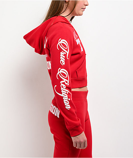 True Religion Embroidered Shrunken Red Crop Zip Hoodie