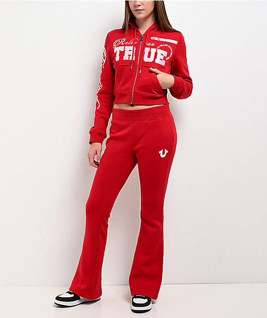 True Religion Embroidered Shrunken Red Crop Zip Hoodie