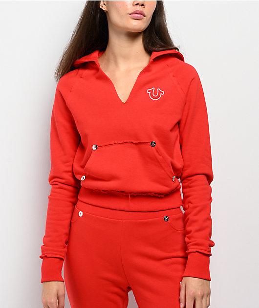 True Religion Embroidered Terry V Notch Scarlet Hoodie