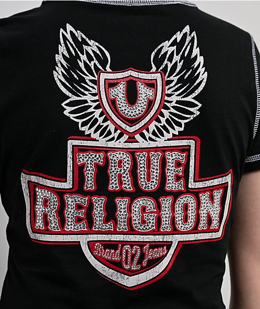 True Religion Flatlock Winged Crystal Logo Black Crop T-Shirt