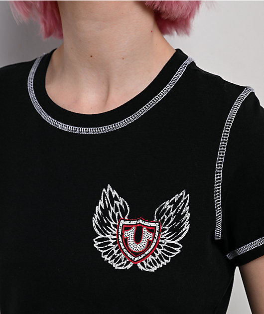 True Religion Flatlock Winged Crystal Logo Black Crop T-Shirt