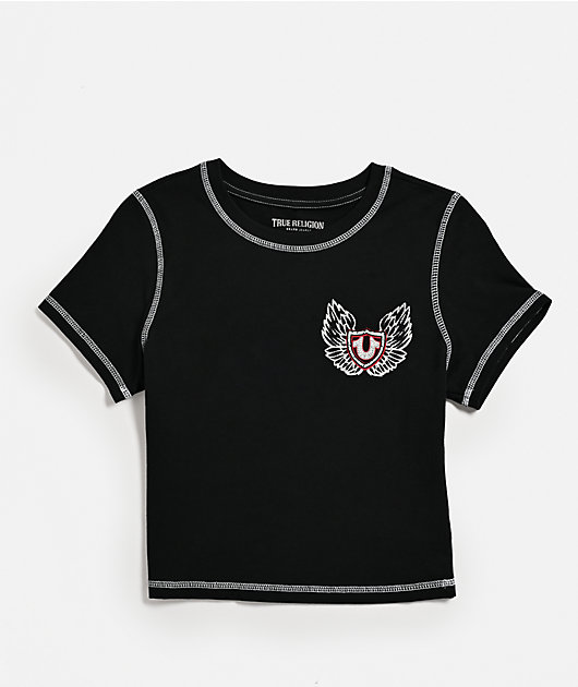 True Religion Flatlock Winged Crystal Logo Black Crop T-Shirt