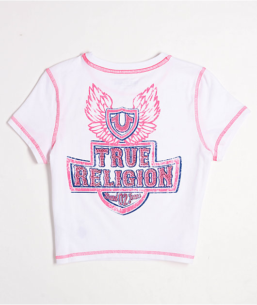 True Religion Flatlock Winged Crystal Logo White Crop T-Shirt