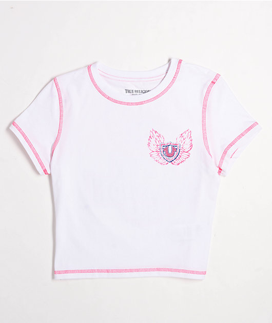 True Religion Flatlock Winged Crystal Logo White Crop T-Shirt