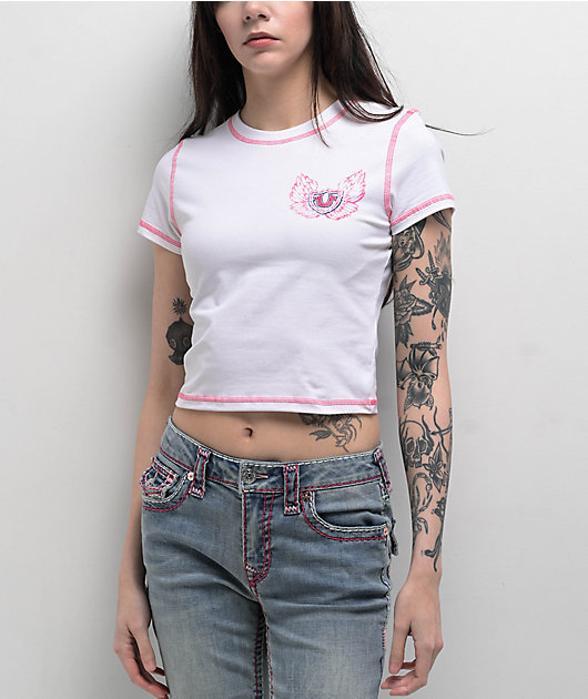 True Religion Flatlock Winged Crystal Logo White Crop T-Shirt