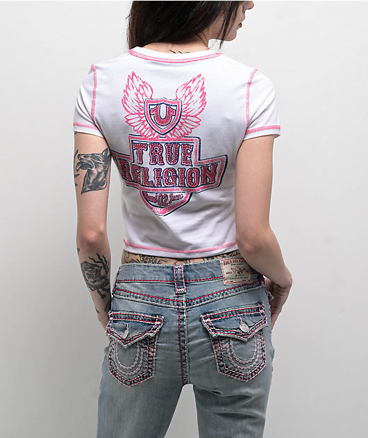 True Religion Flatlock Winged Crystal Logo White Crop T-Shirt | Zumiez