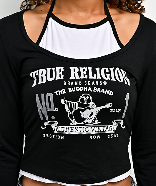True Religion Heritage Black & White Layered Long Sleeve Crop T-Shirt