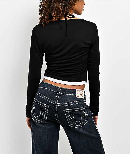 True Religion Heritage Black & White Layered Long Sleeve Crop T-Shirt