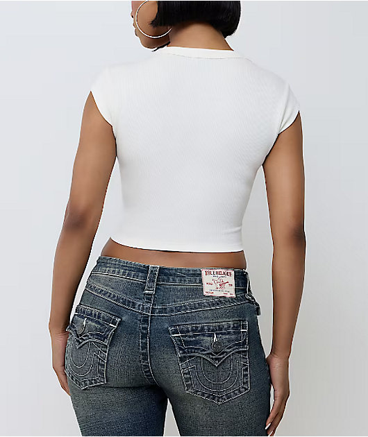 True Religion Heritage Ribbed V Notch Beige Crop T-Shirt