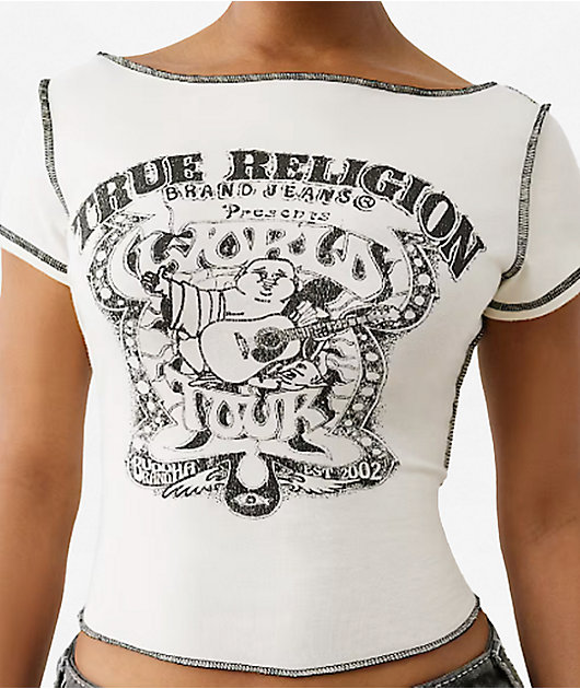 True Religion Heritage White Slash Neck Crop T-Shirt