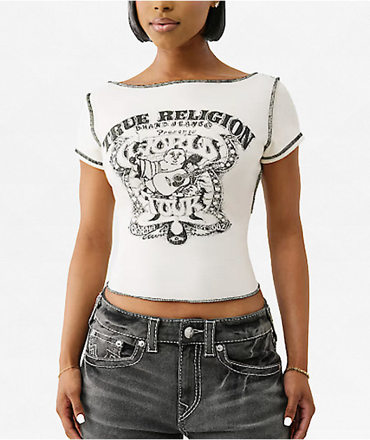 True Religion Heritage White Slash Neck Crop T-Shirt