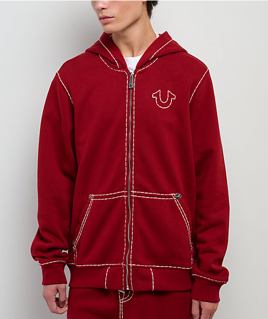 True Religion Horseshoe Embroidered Red Zip Hoodie