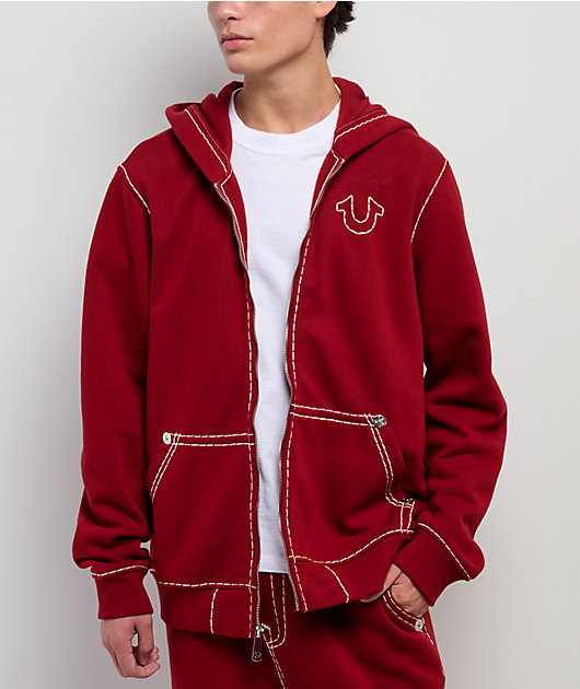 True Religion Horseshoe Embroidered Red Zip Hoodie
