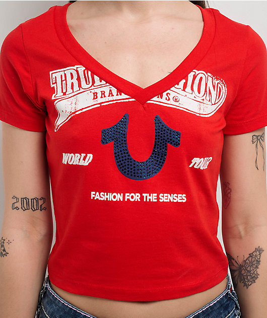 True Religion Horseshoe V-Neck Scarlet Crop T-Shirt | Zumiez