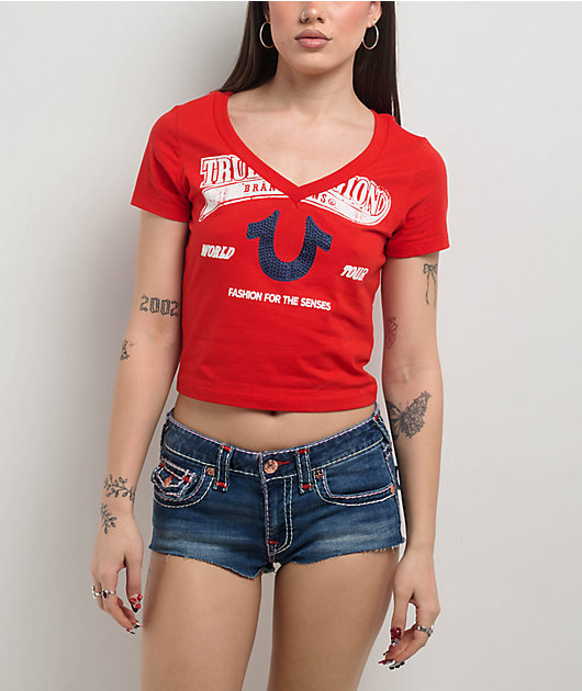 True Religion Horseshoe V-Neck Scarlet Crop T-Shirt | Zumiez