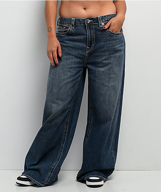 True Religion Jessie Embroidered Blue Wash Super Baggy Jeans