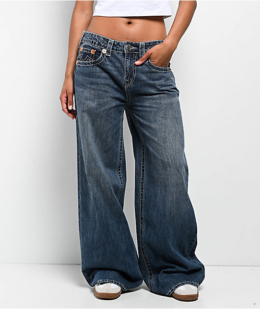 True Religion Jessie Embroidered Blue Wash Super Baggy Jeans | Zumiez