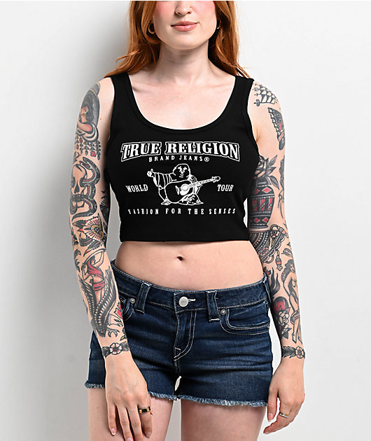 True Religion Logo Black Crop Tank Top | Zumiez