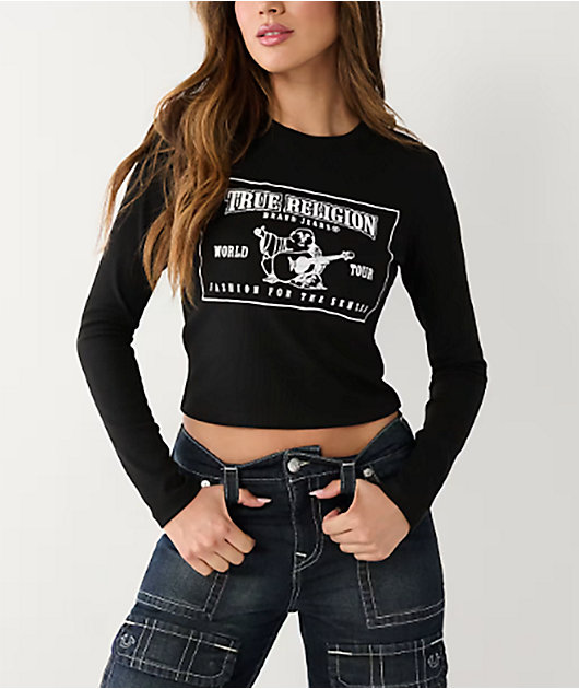 true religion Carter ベスト True Religion Logo Black Long Sleeve Crop T-Shirt | Zumiez