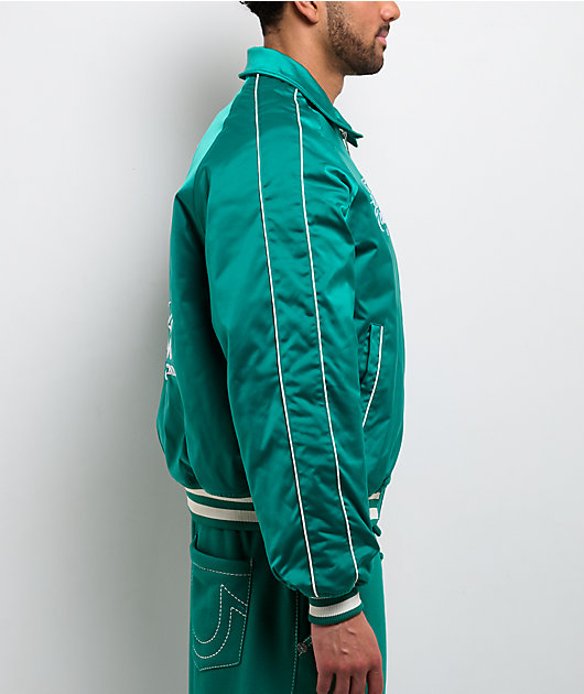 True Religion Logo Crest Satin Oak Leaf Green Bomber Jacket