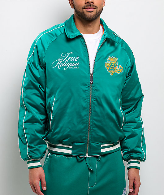 True Religion Logo Crest Satin Oak Leaf Green Bomber Jacket