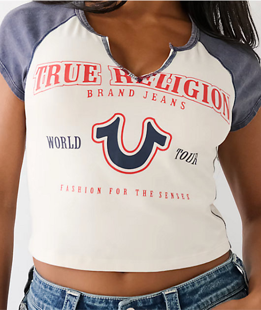 True Religion Logo Notch Winter White & Navy Raglan Crop T-Shirt