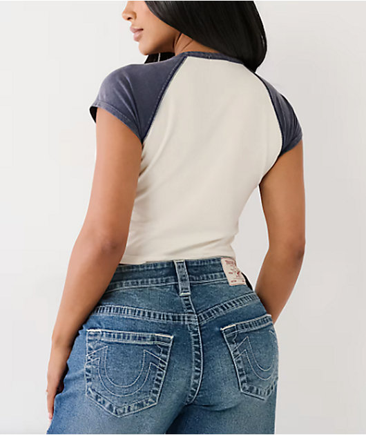 True Religion Logo Notch Winter White & Navy Raglan Crop T-Shirt