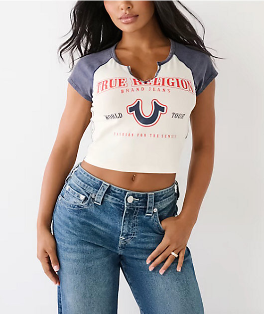 True Religion Logo Notch Winter White & Navy Raglan Crop T-Shirt