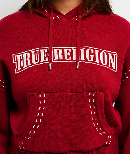 True Religion Logo Rhubarb Red Hooded Sweater