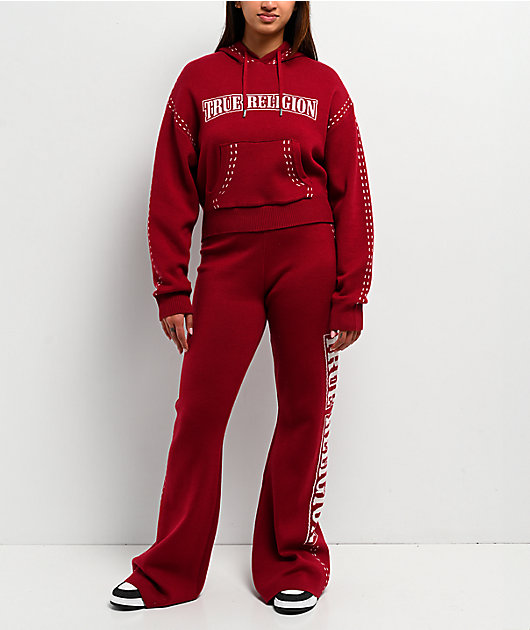 True Religion Logo Rhubarb Red Hooded Sweater